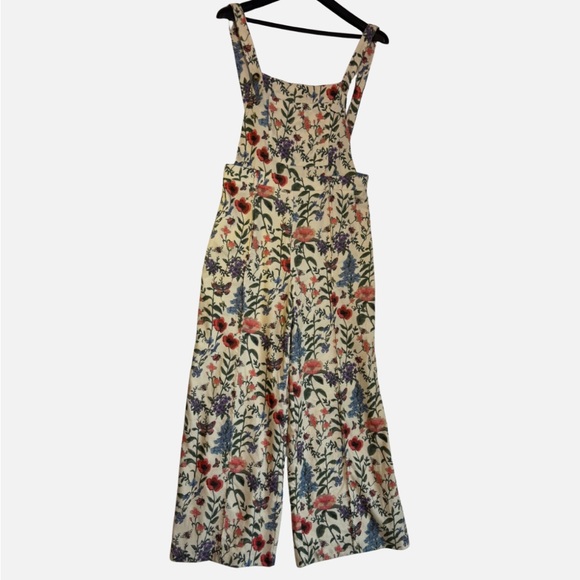 Cider Pants - Lightweight Corduroy Floral Wide Leg Jumpsuit Bib Overalls Ivory XL Boho